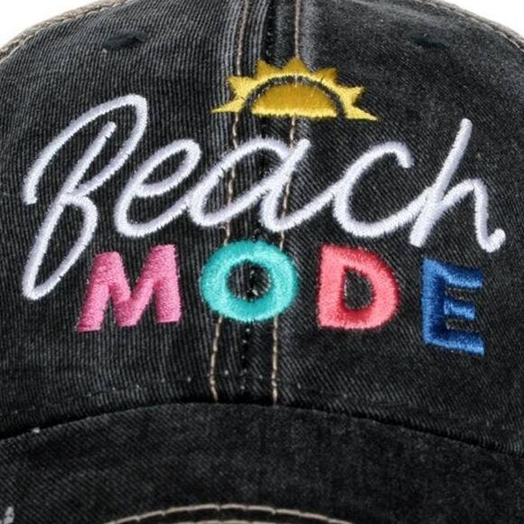Embroidered Beach Mode Distressed Black Denim Trucker Hats - Picture 2 of 2